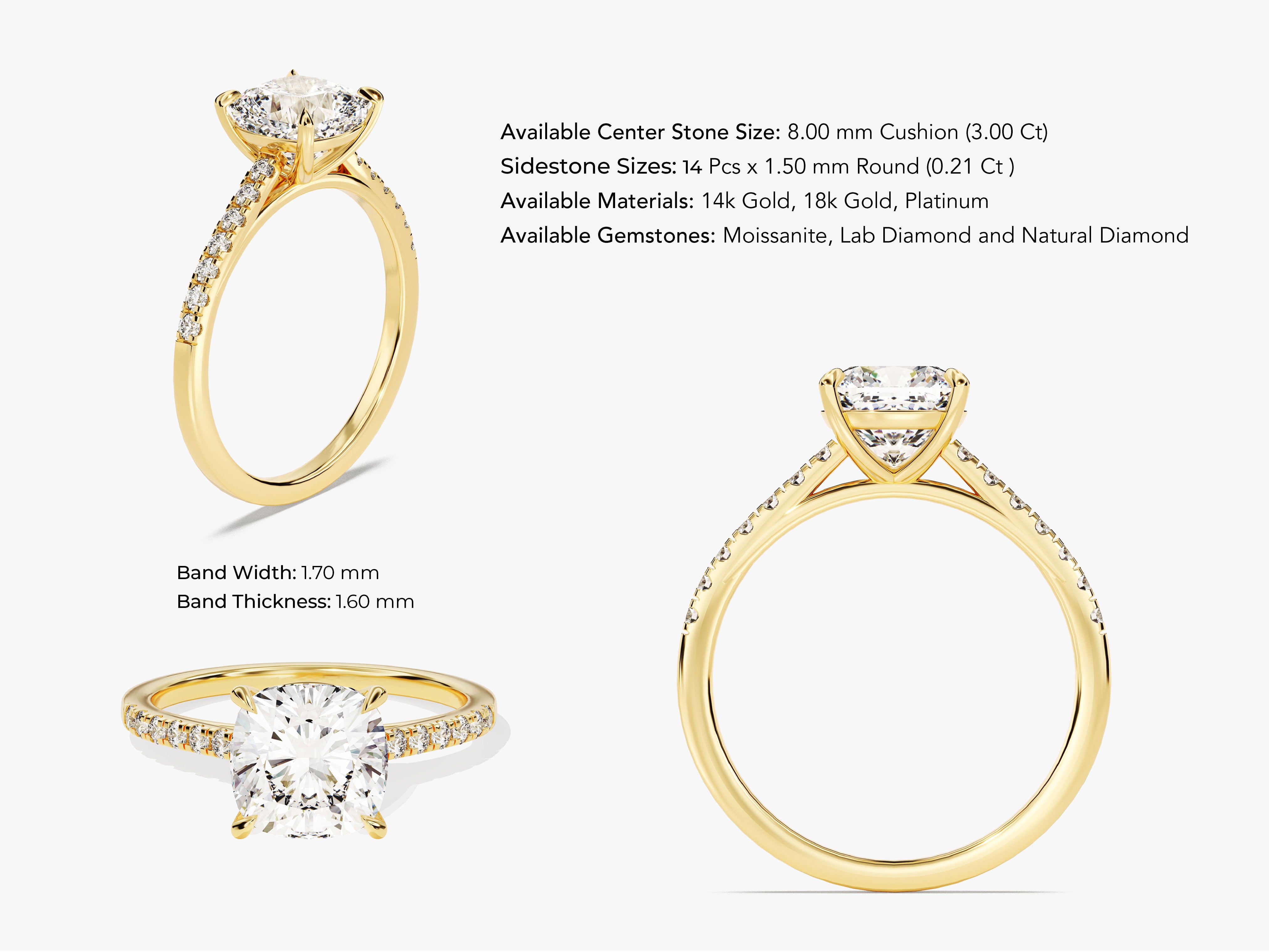 Gold ring with cushion cut diamond and side stones