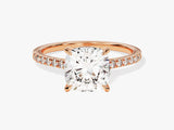Rose gold diamond engagement ring with cushion cut center stone