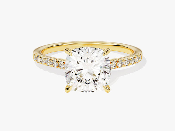 Gold diamond engagement ring with cushion-cut center stone