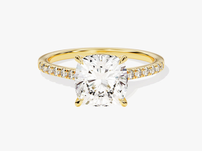 Gold diamond ring with cushion cut center stone