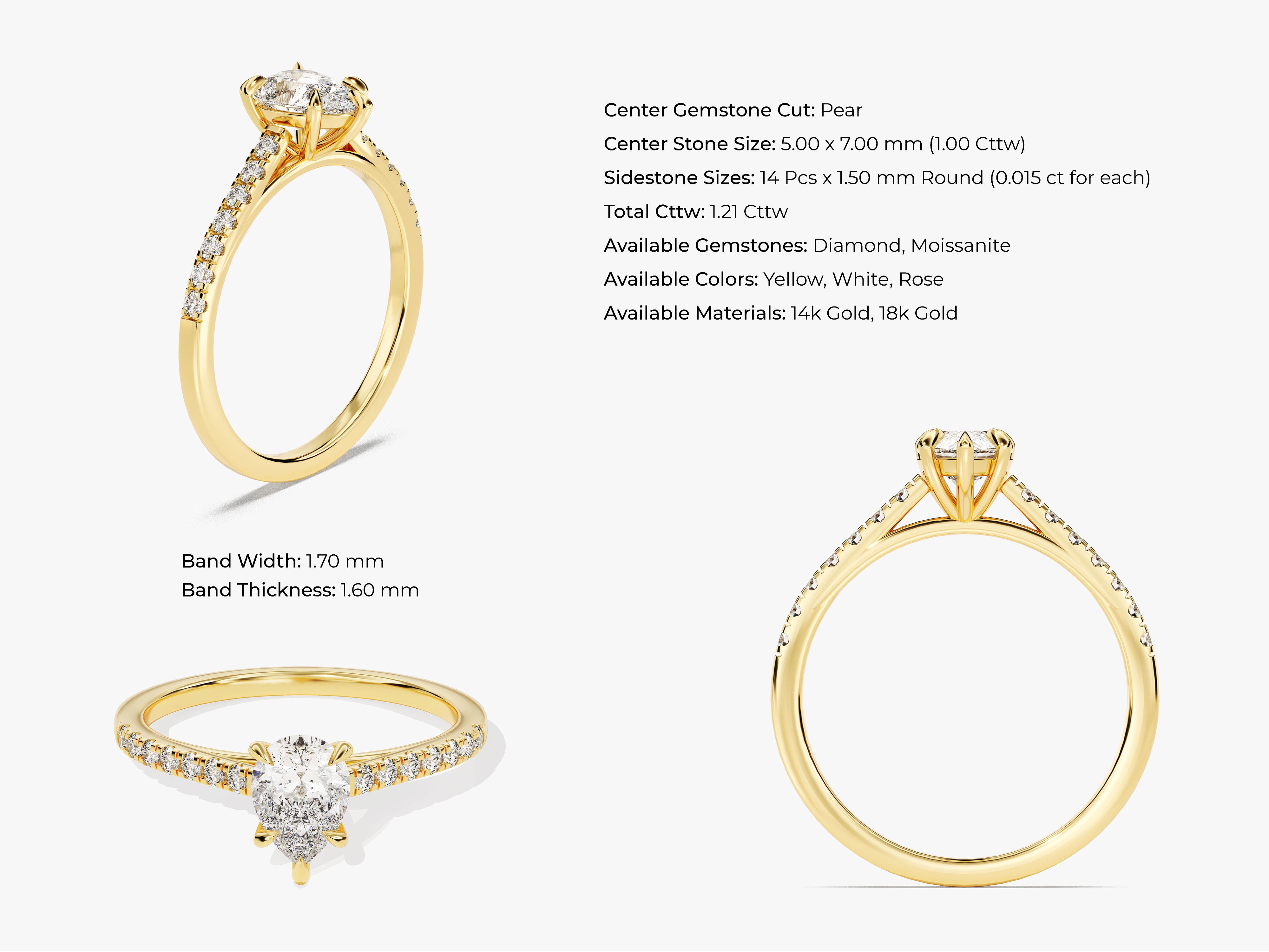 Gold pear cut diamond engagement ring with pavé band