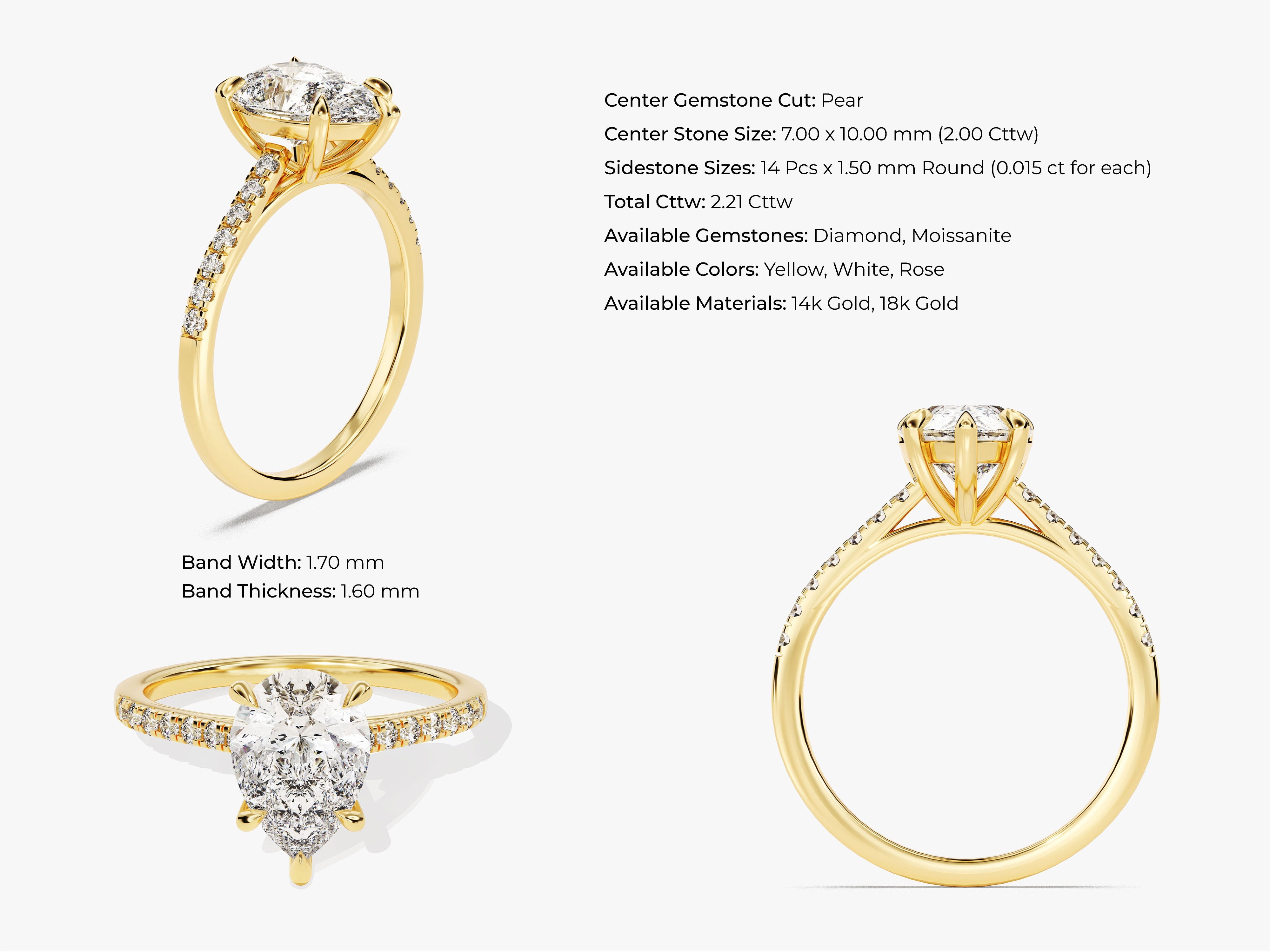 Pear Cut Lab Grown Diamond Engagement Ring with Pave Set Side Stones (2.00 CT)