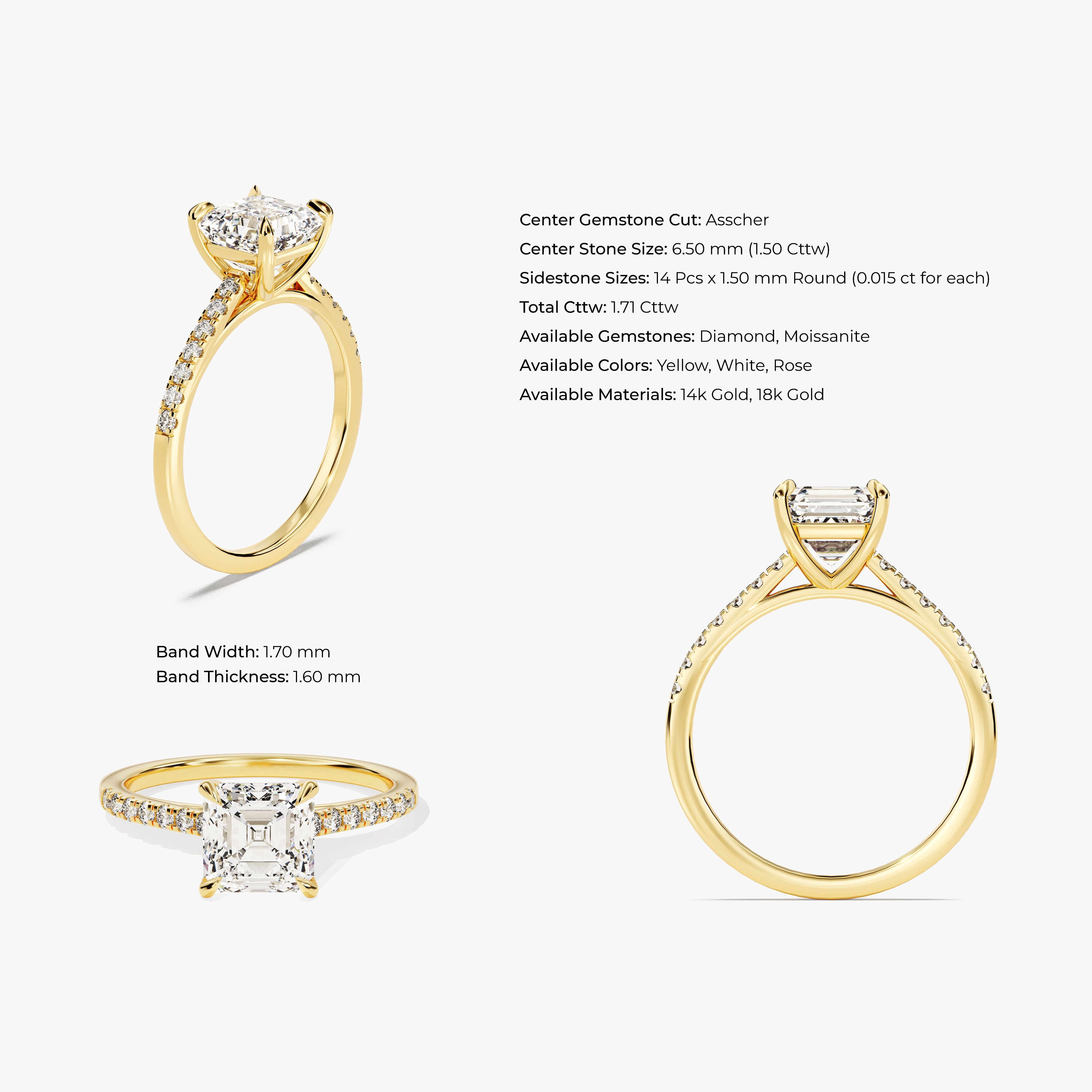 Asscher cut diamond engagement ring in yellow gold