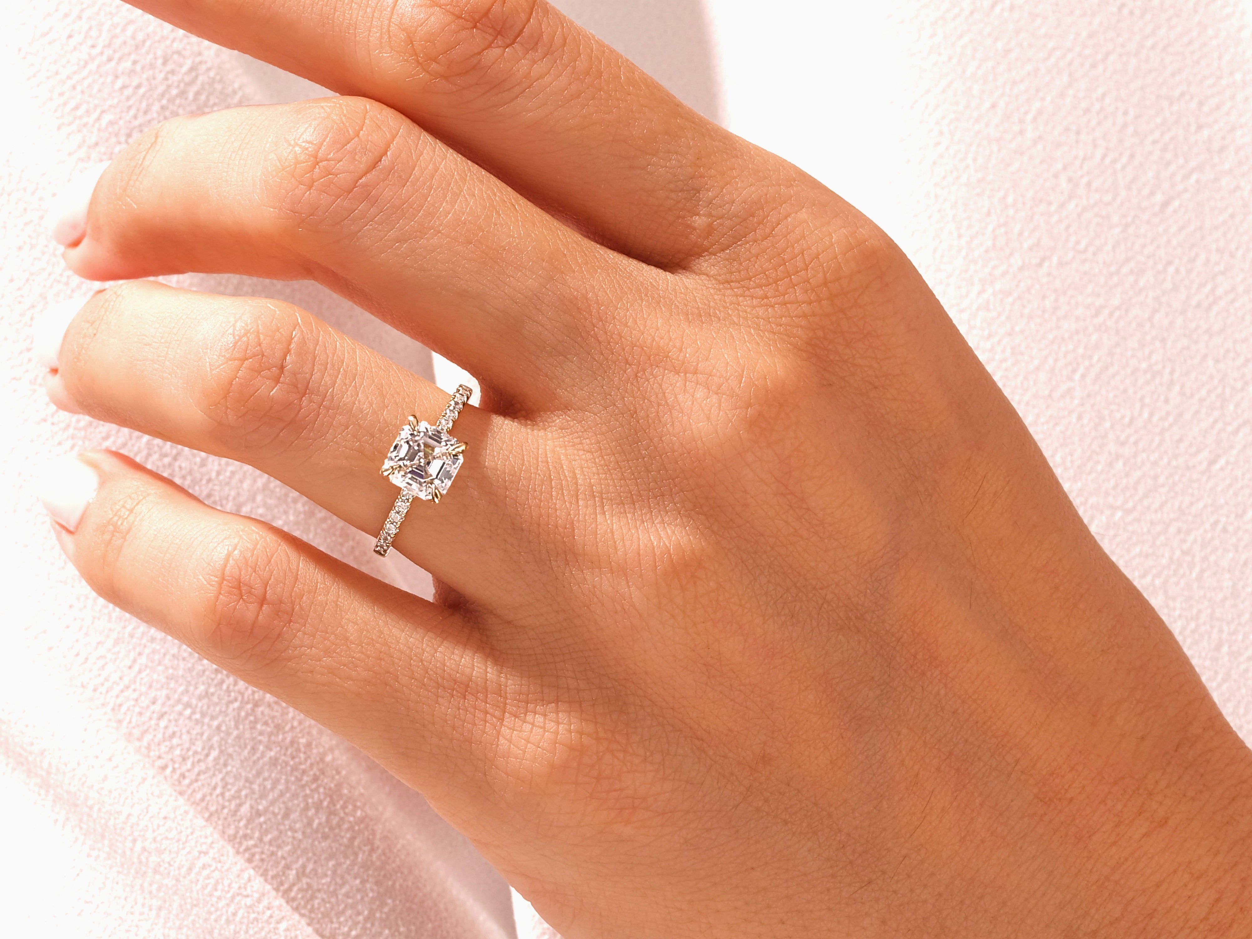 Asscher Cut Moissanite Engagement Ring with Pave Set Side Stones (3.00 CT)