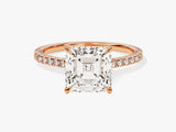 Rose gold engagement ring with asscher cut diamond and pave band