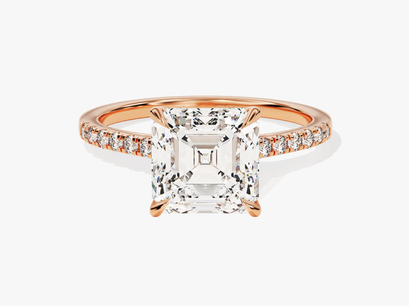 Rose gold engagement ring with asscher cut diamond and pave band