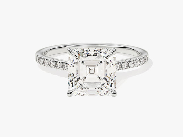 Emerald cut diamond engagement ring with pave band