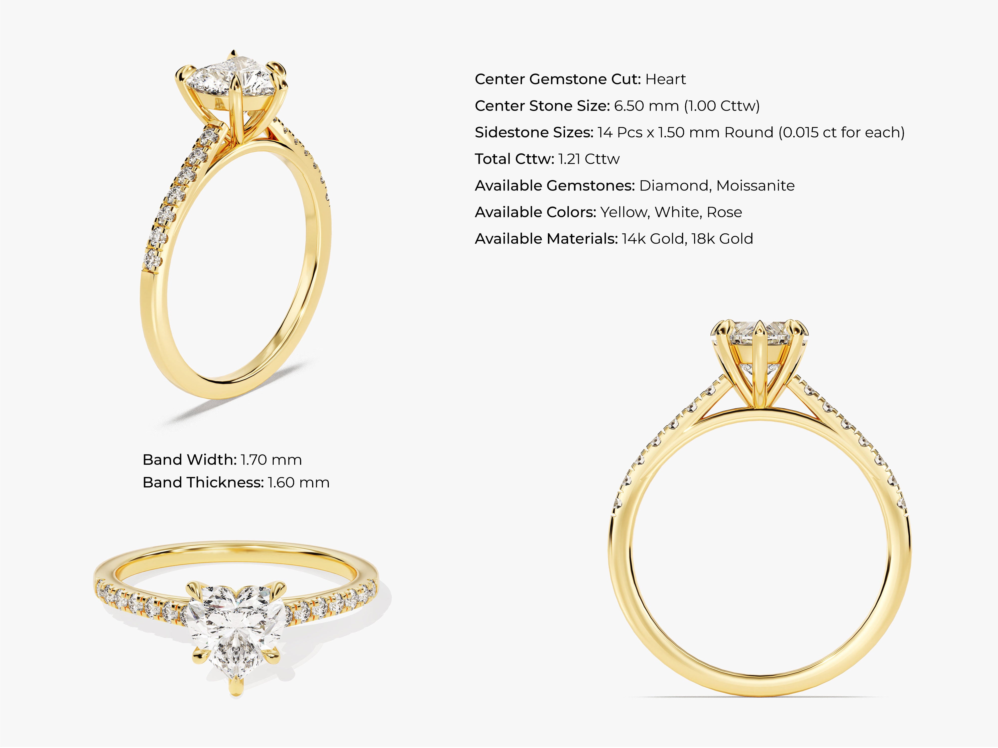 Gold ring with heart-shaped diamond and side stones