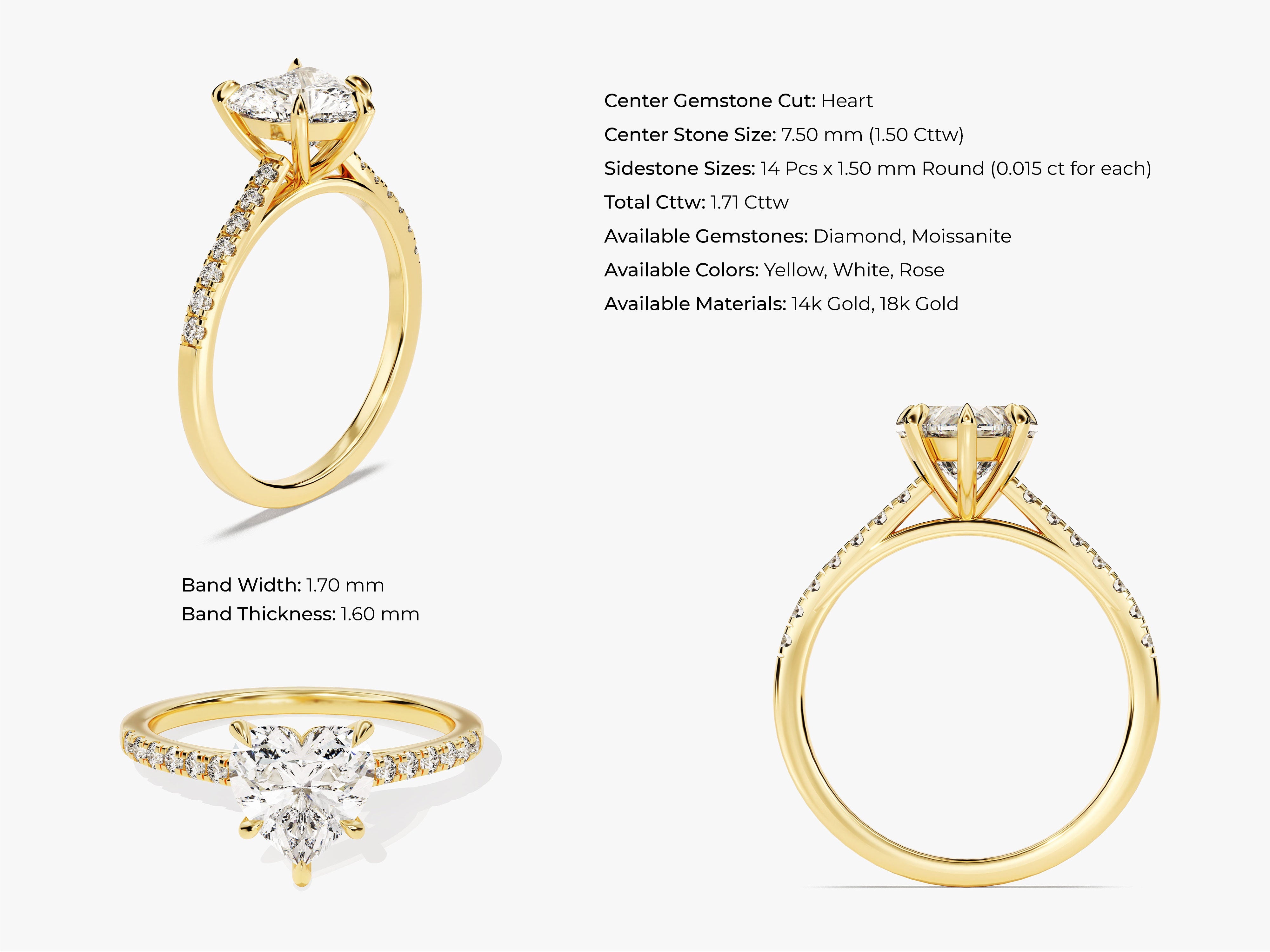 Heart Cut Diamond Engagement Ring with Pave Set Side Stones (1.50 CT)