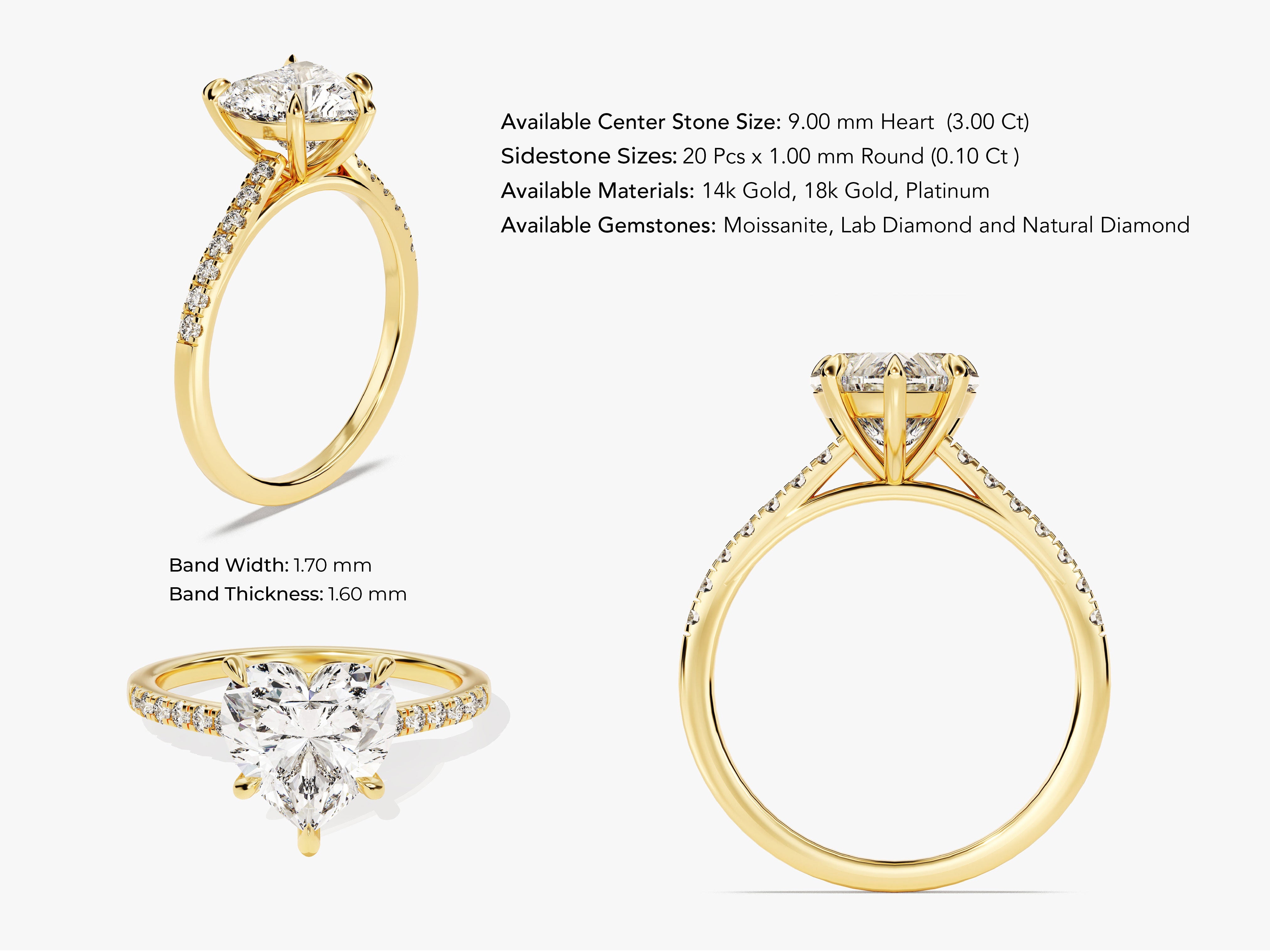 Gold engagement ring with heart diamond and side stones