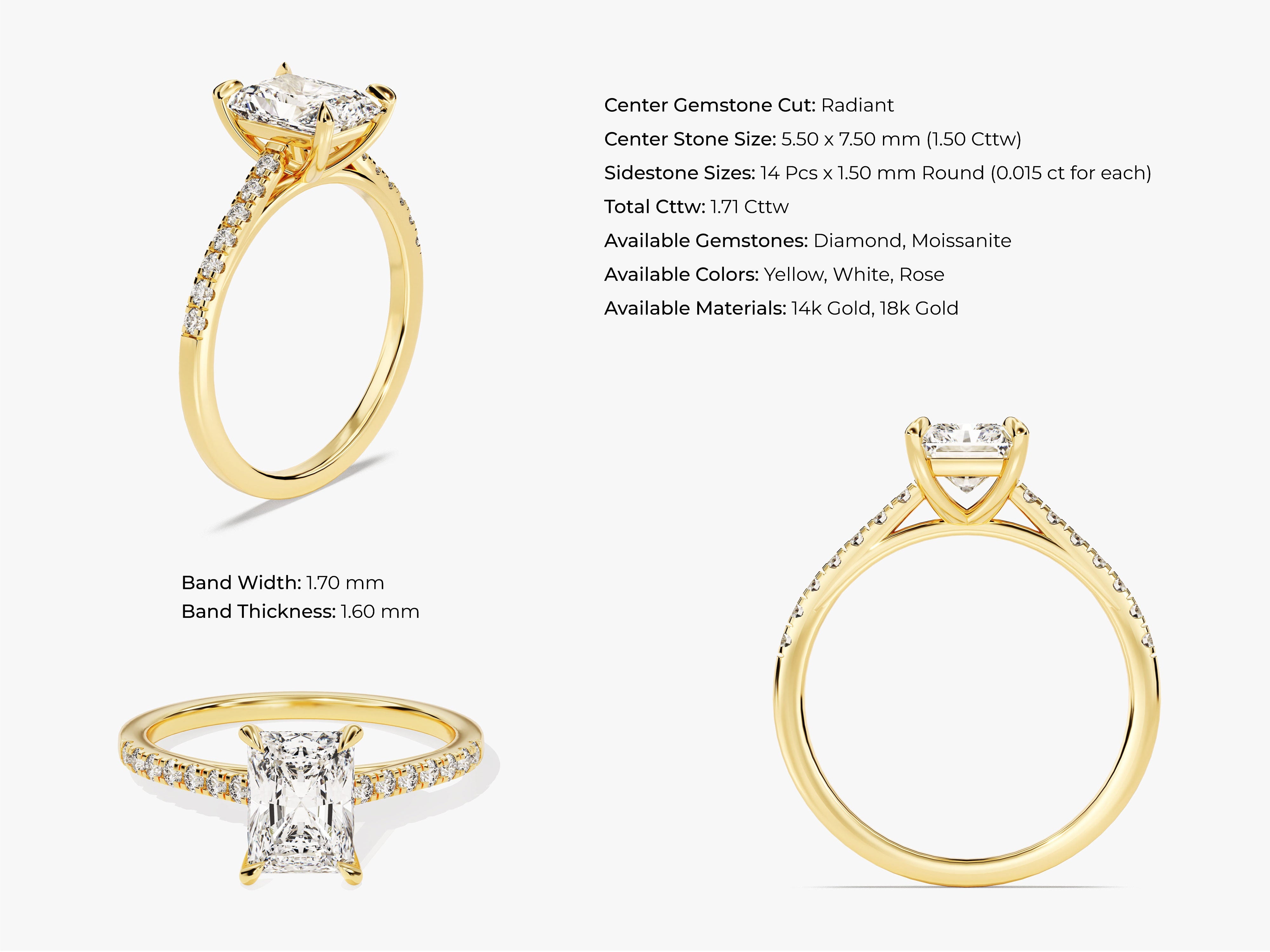 Radiant Cut Diamond Engagement Ring with Pave Set Side Stones (1.50 CT)