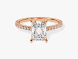 Rose gold radiant cut diamond engagement ring with pave band