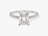 Radiant cut diamond engagement ring with pave band