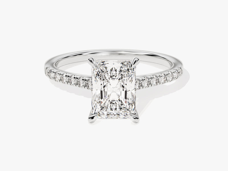 Radiant cut diamond engagement ring with pave band