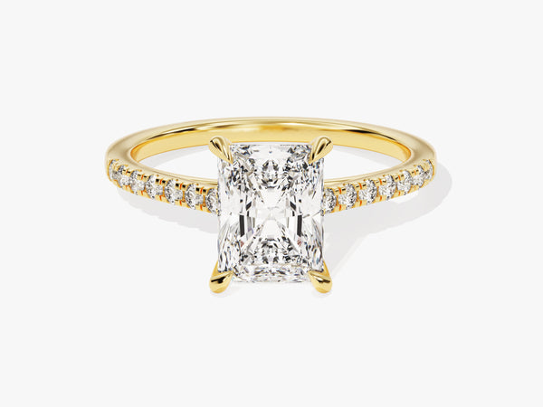 Radiant cut diamond engagement ring with pave band