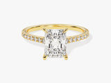 Radiant cut diamond engagement ring with pave band