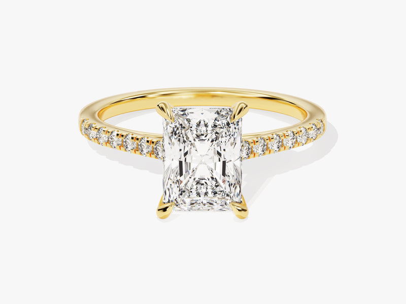 Radiant cut diamond engagement ring with pave band