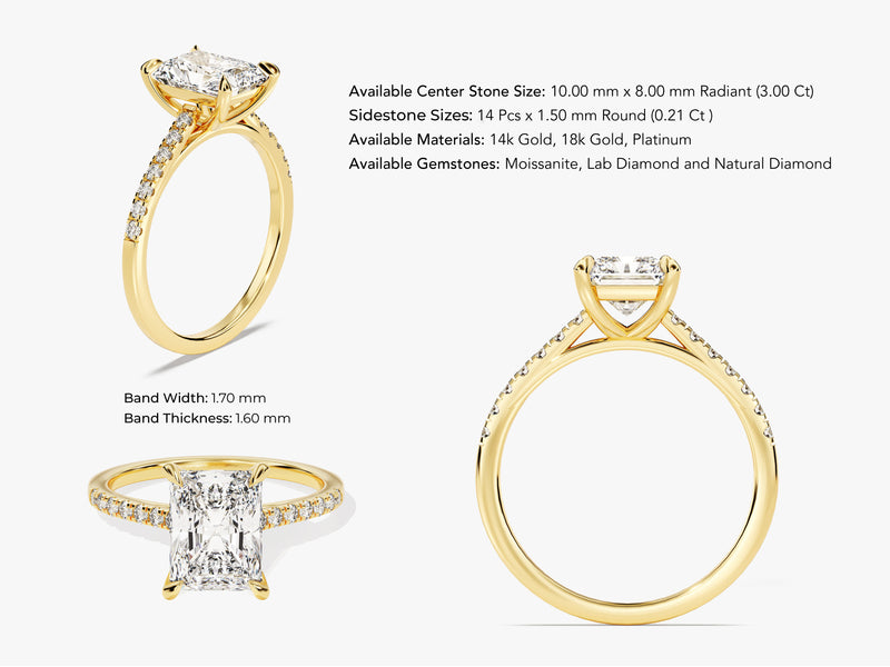 Radiant Cut Moissanite Engagement Ring with Pave Set Side Stones (3.00 CT)