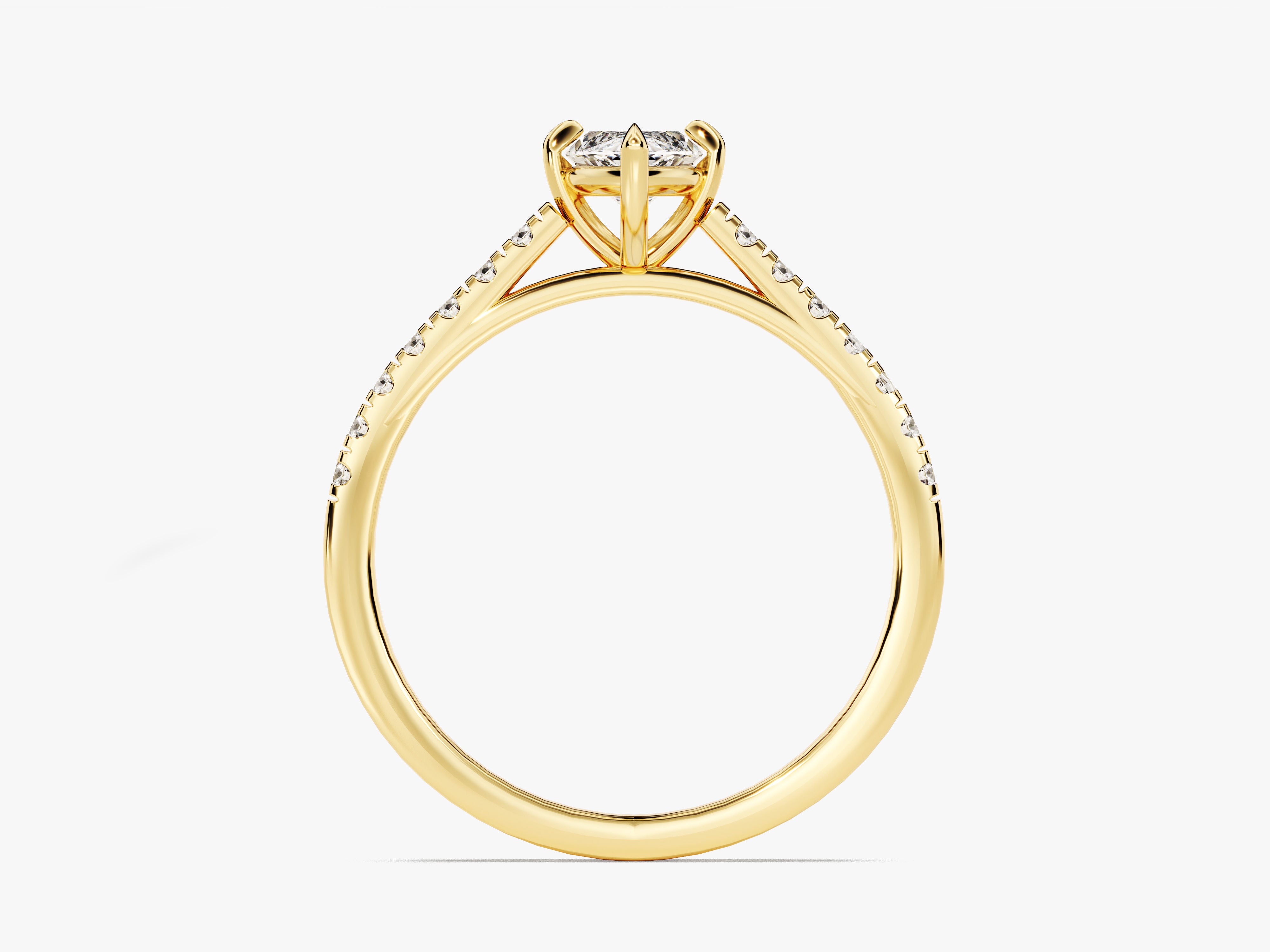 Gold diamond engagement ring with pave band