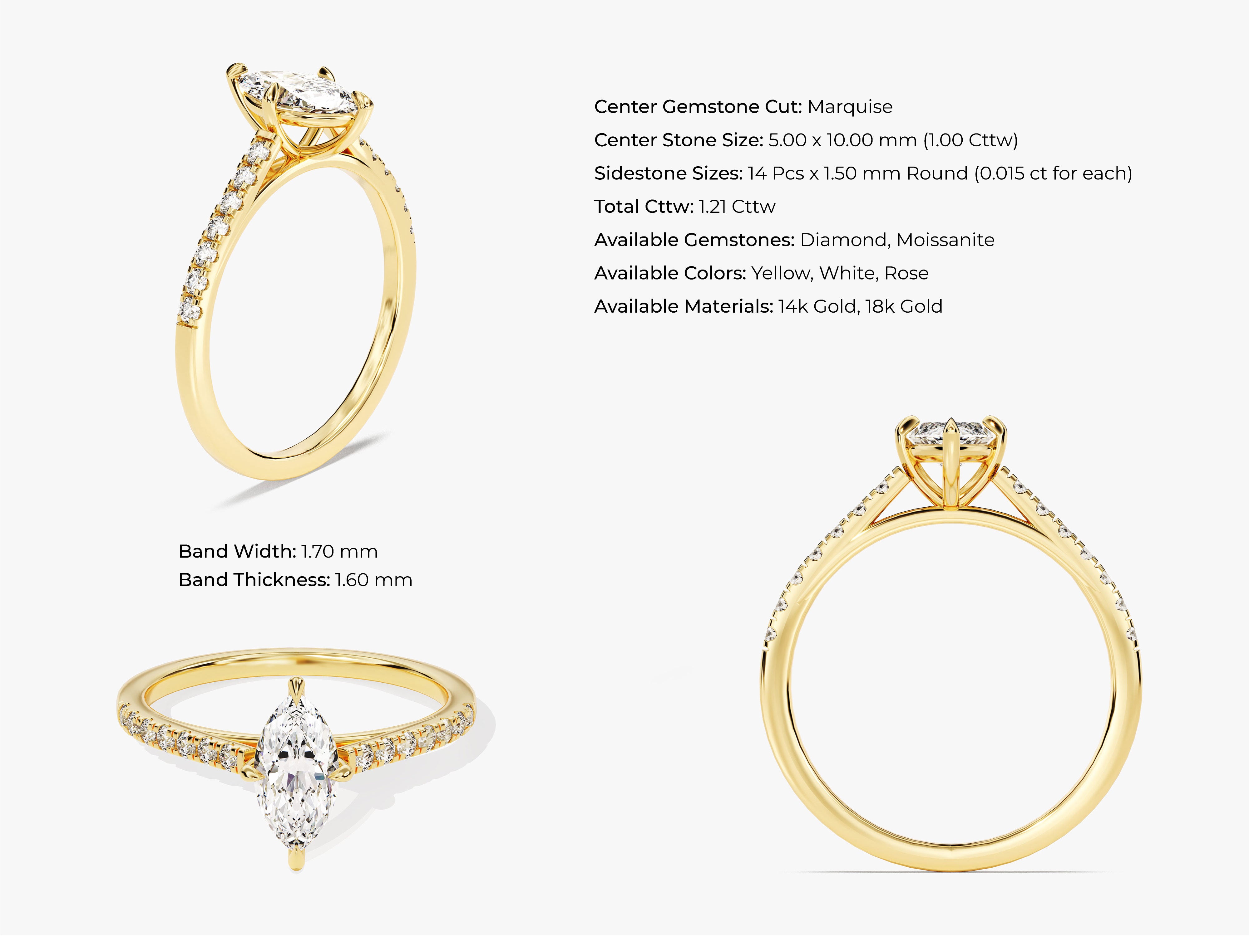 Marquise diamond engagement ring, 14k gold, pave band