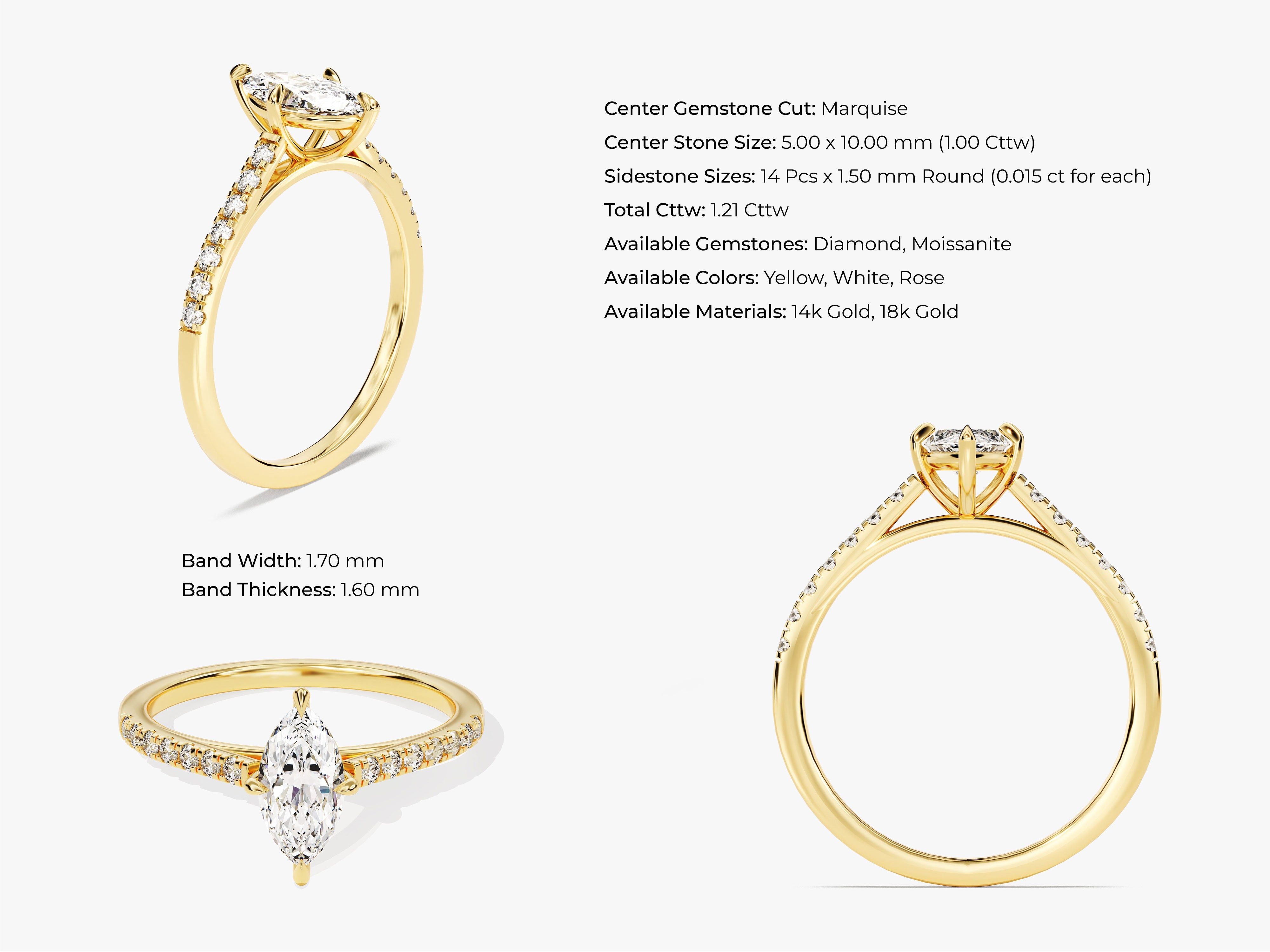 Marquise diamond engagement ring with pave band in gold