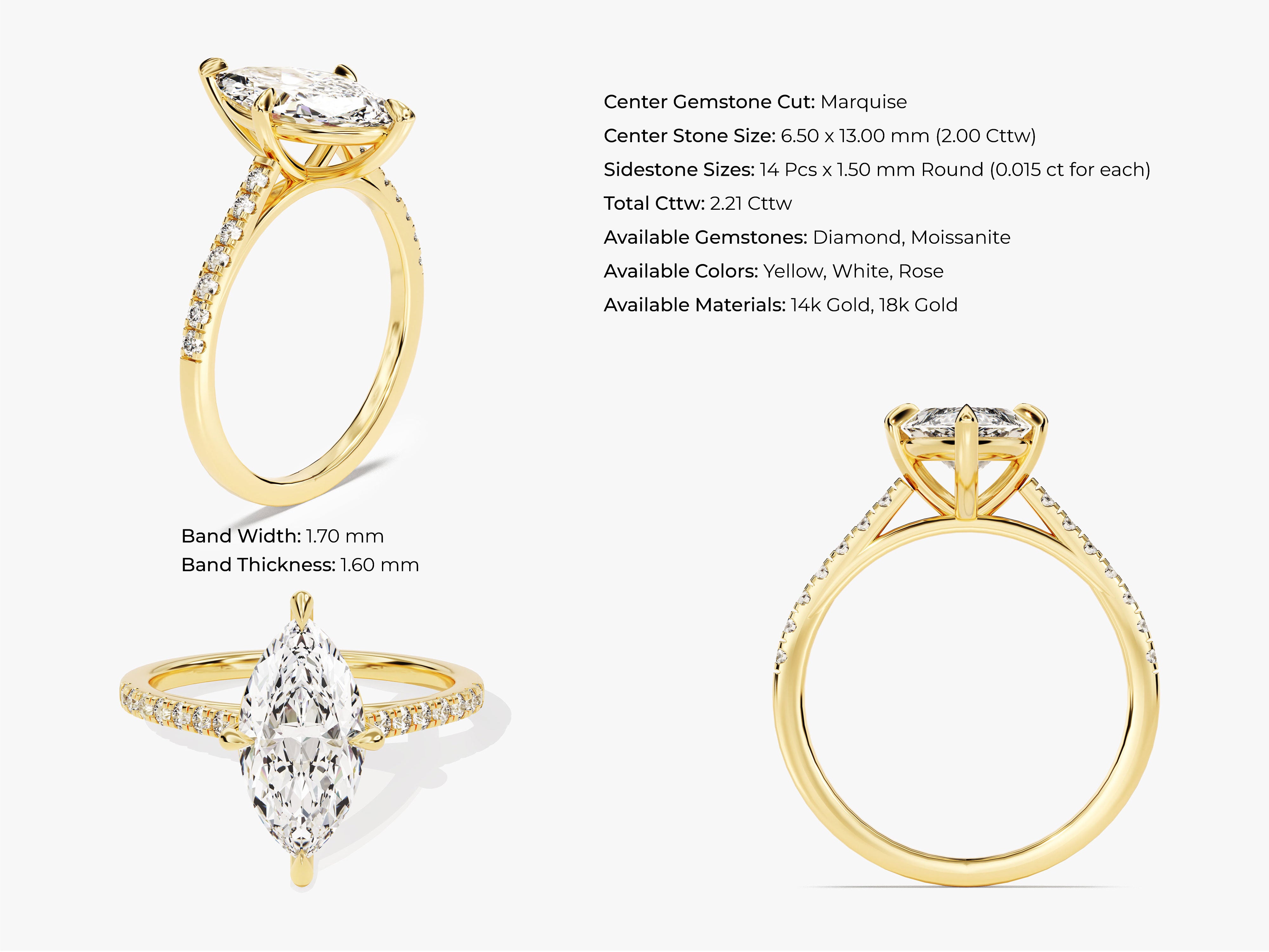 Marquise diamond engagement ring with pave band in yellow gold