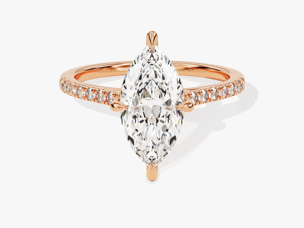 Rose gold marquise diamond engagement ring with pave band