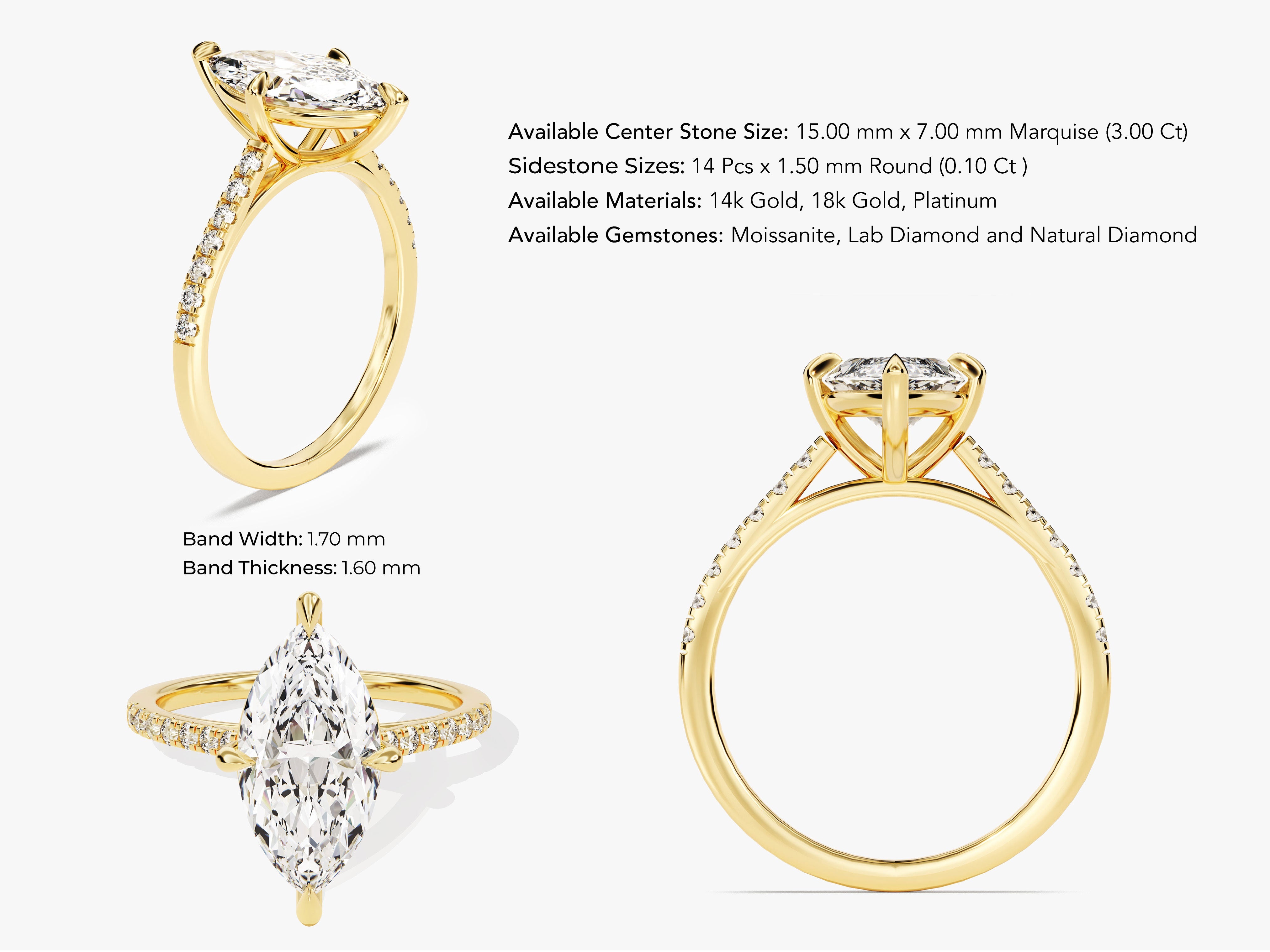 Marquise diamond engagement ring with pave band in gold