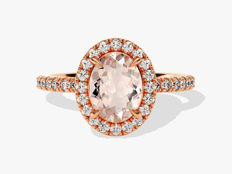 Oval Cut Peach Morganite Halo Engagement Ring with Sidestones