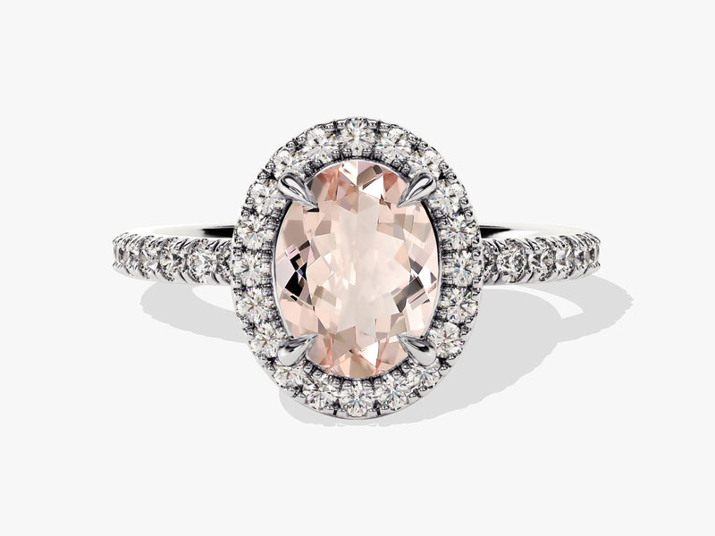 Oval Cut Peach Morganite Halo Engagement Ring with Sidestones