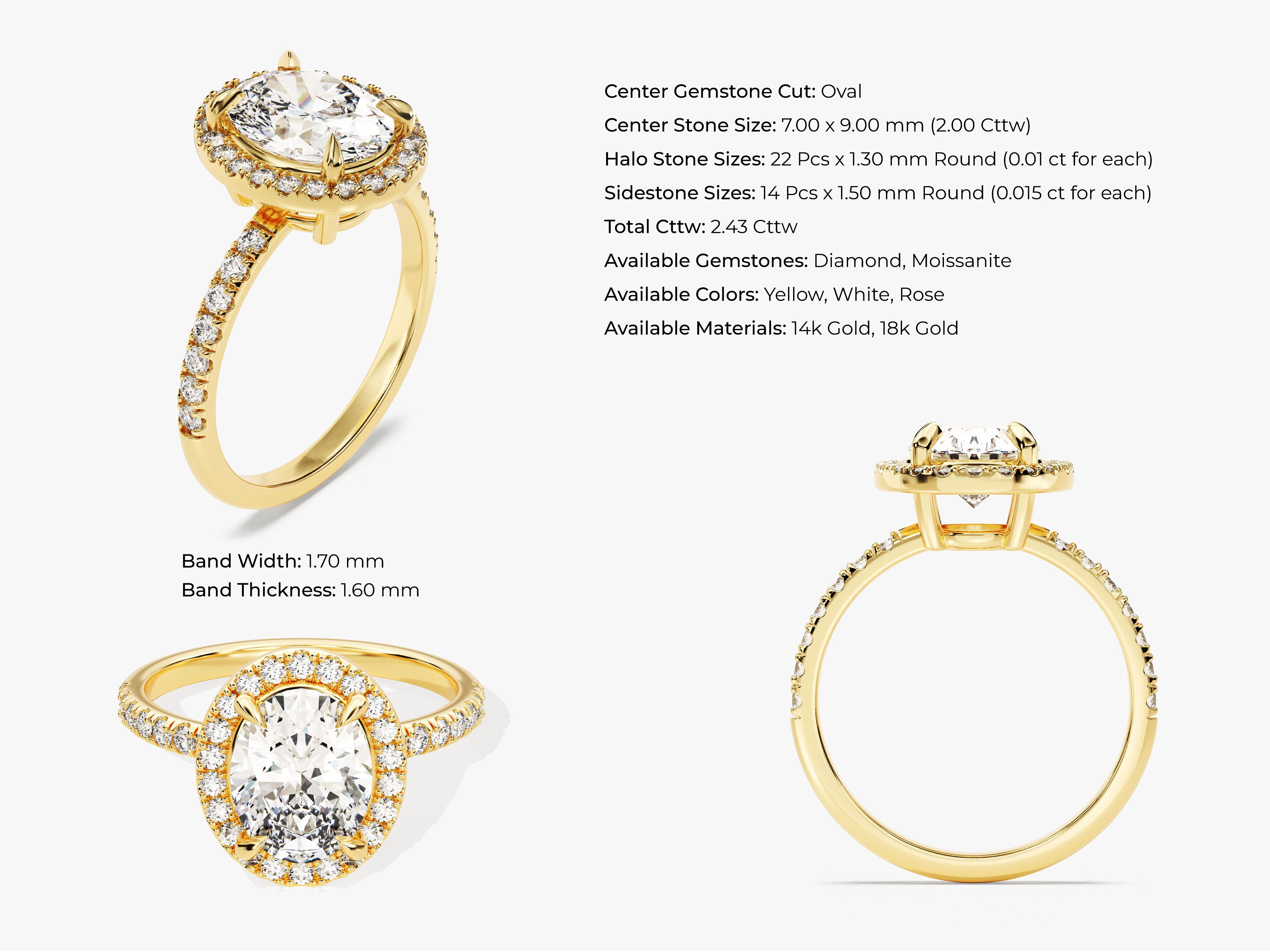 Oval diamond halo engagement ring in yellow gold