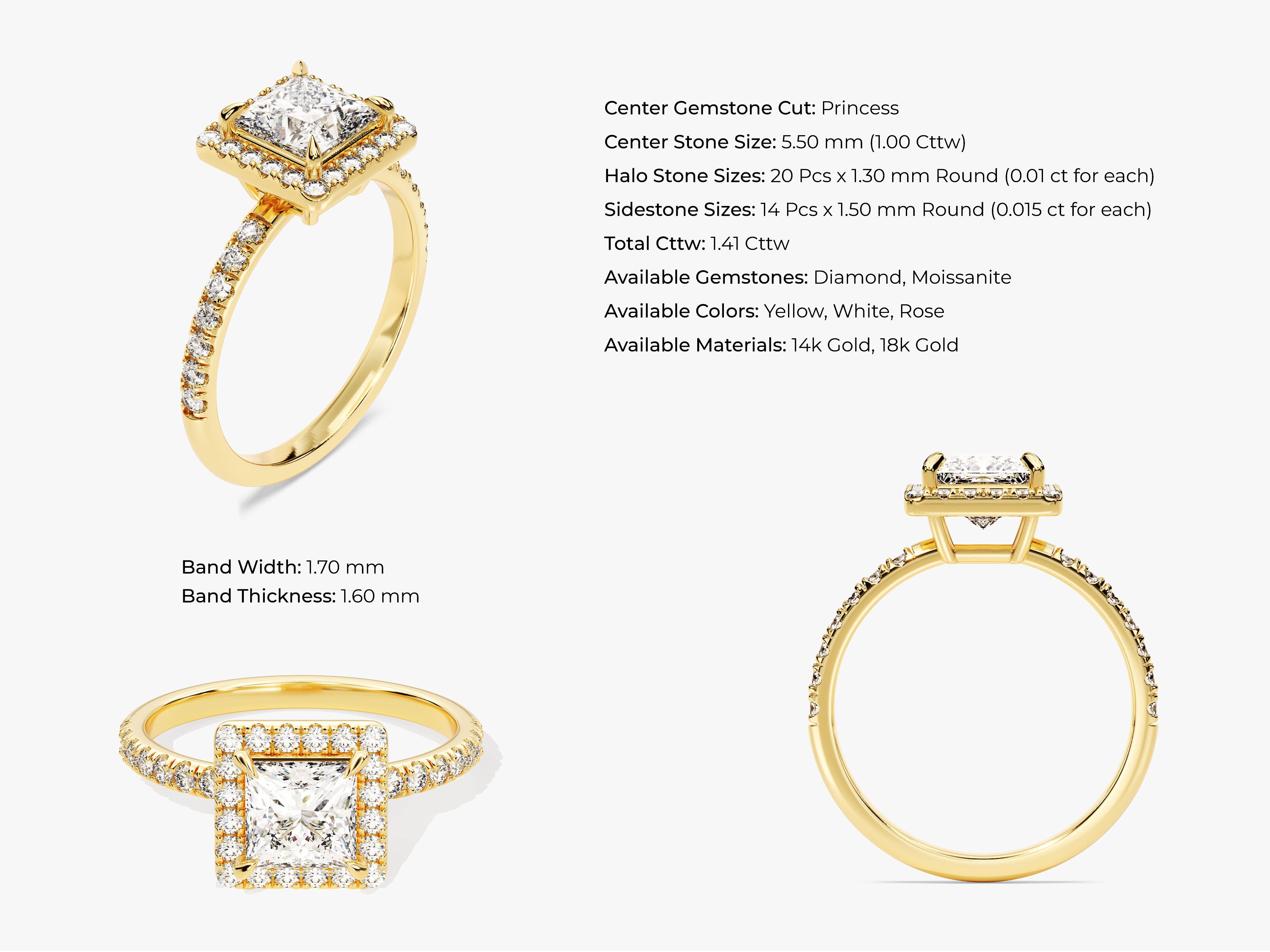 Gold princess cut diamond halo engagement ring