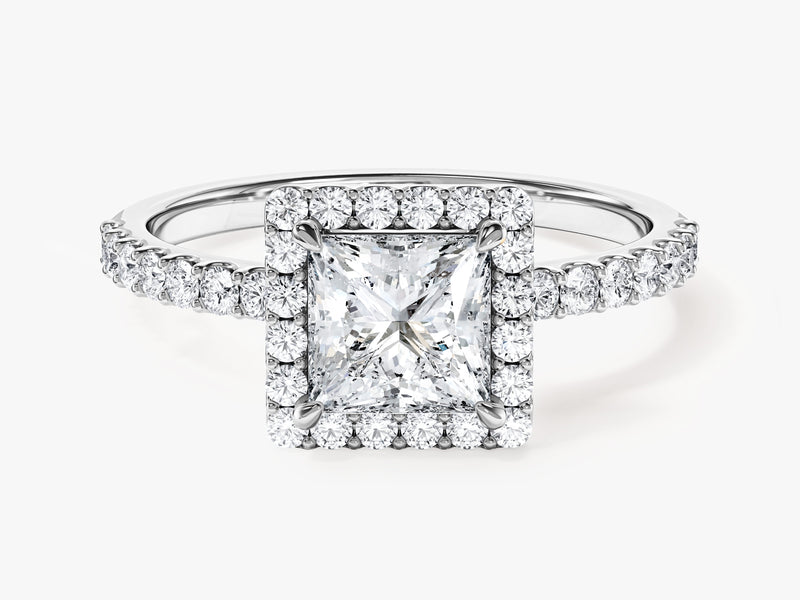 Princess Halo Moissanite Engagement Ring with Pave Set Side Stones (1.00 CT)