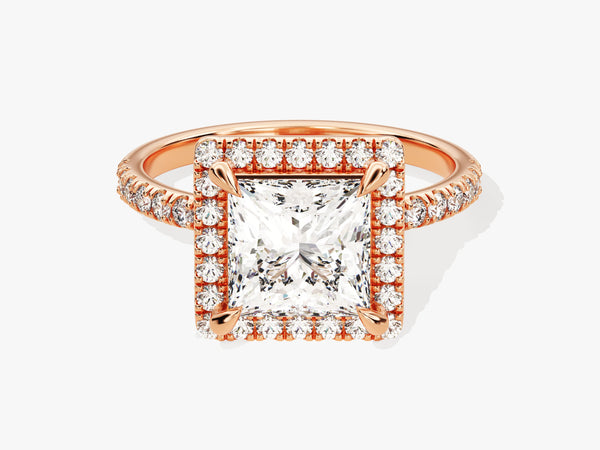 Rose gold princess cut diamond engagement ring with halo