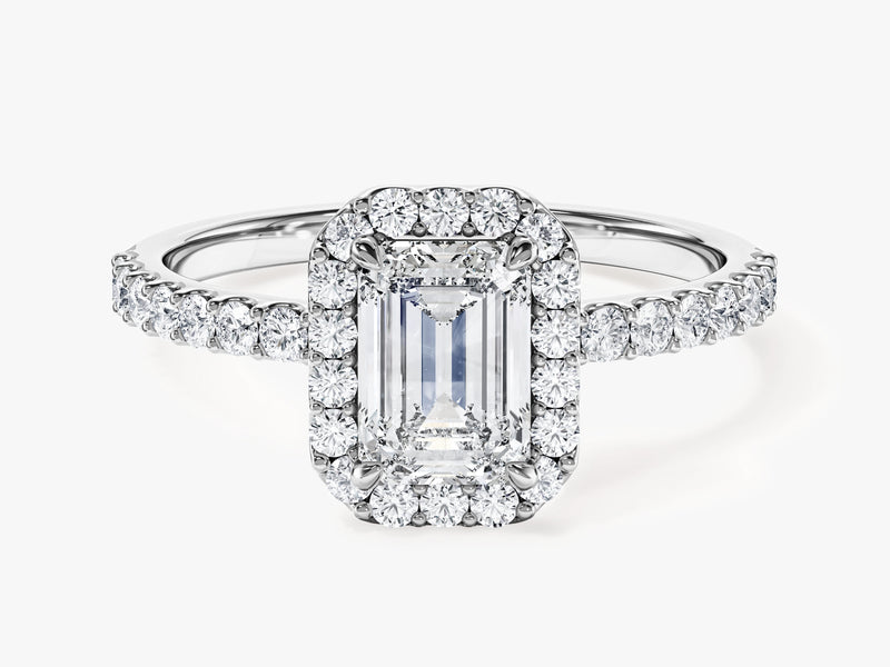 Emerald Halo Moissanite Engagement Ring with Pave Set Side Stones (1.00 CT)