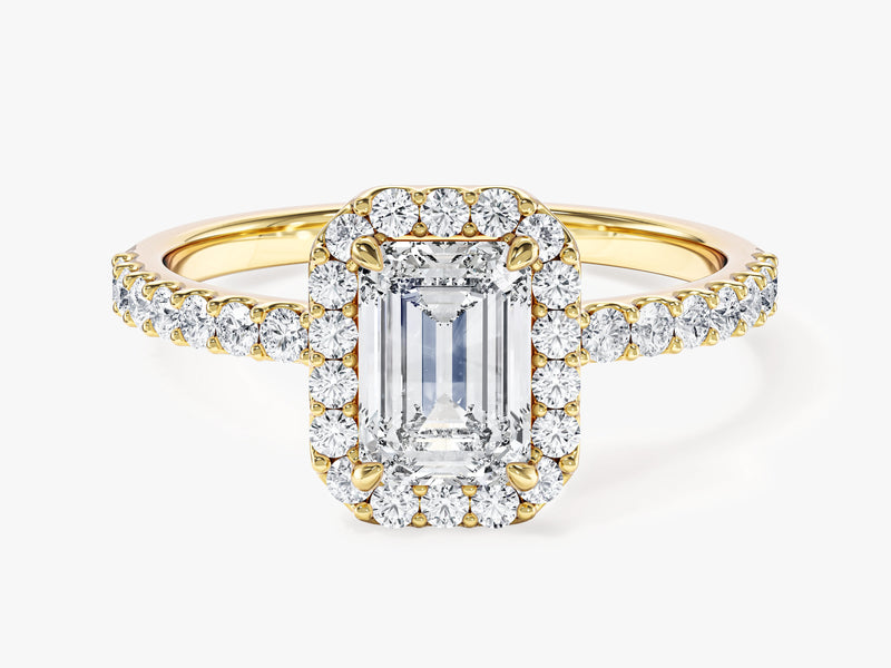 Emerald Halo Lab Grown Diamond Engagement Ring with Pave Set Side Stones (1.00 CT)