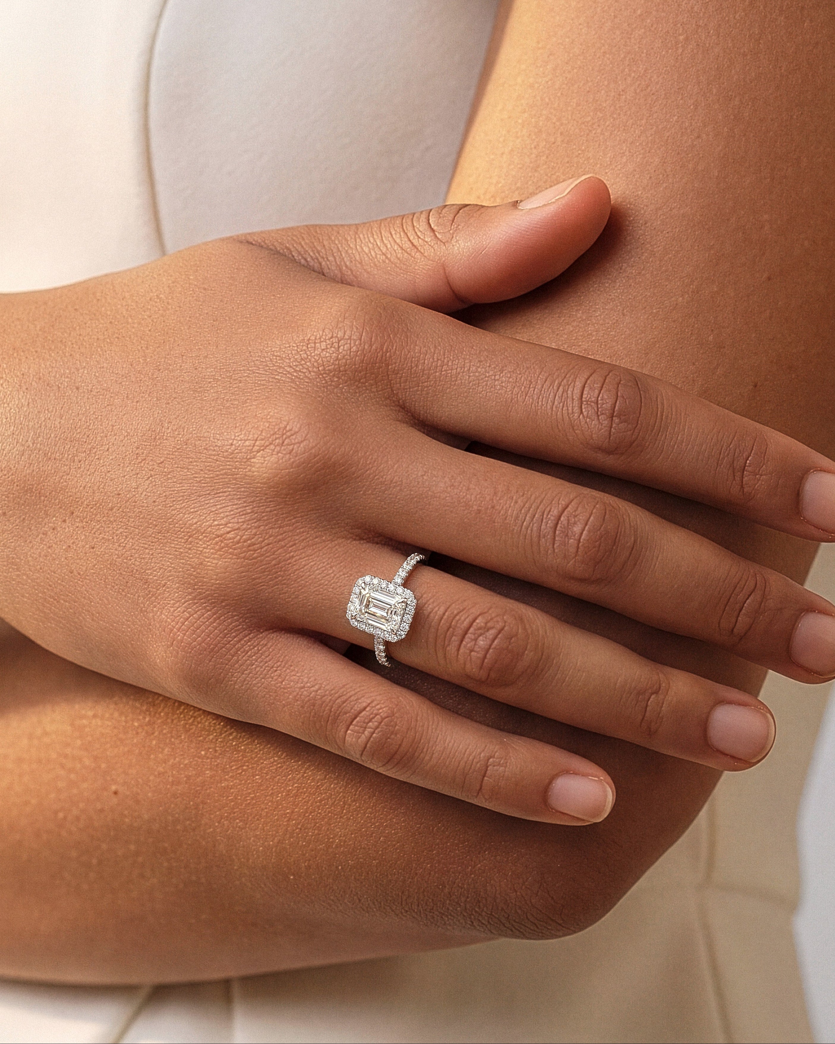 Emerald Halo Lab Grown Diamond Engagement Ring with Pave Set Side Stones (1.50 CT)