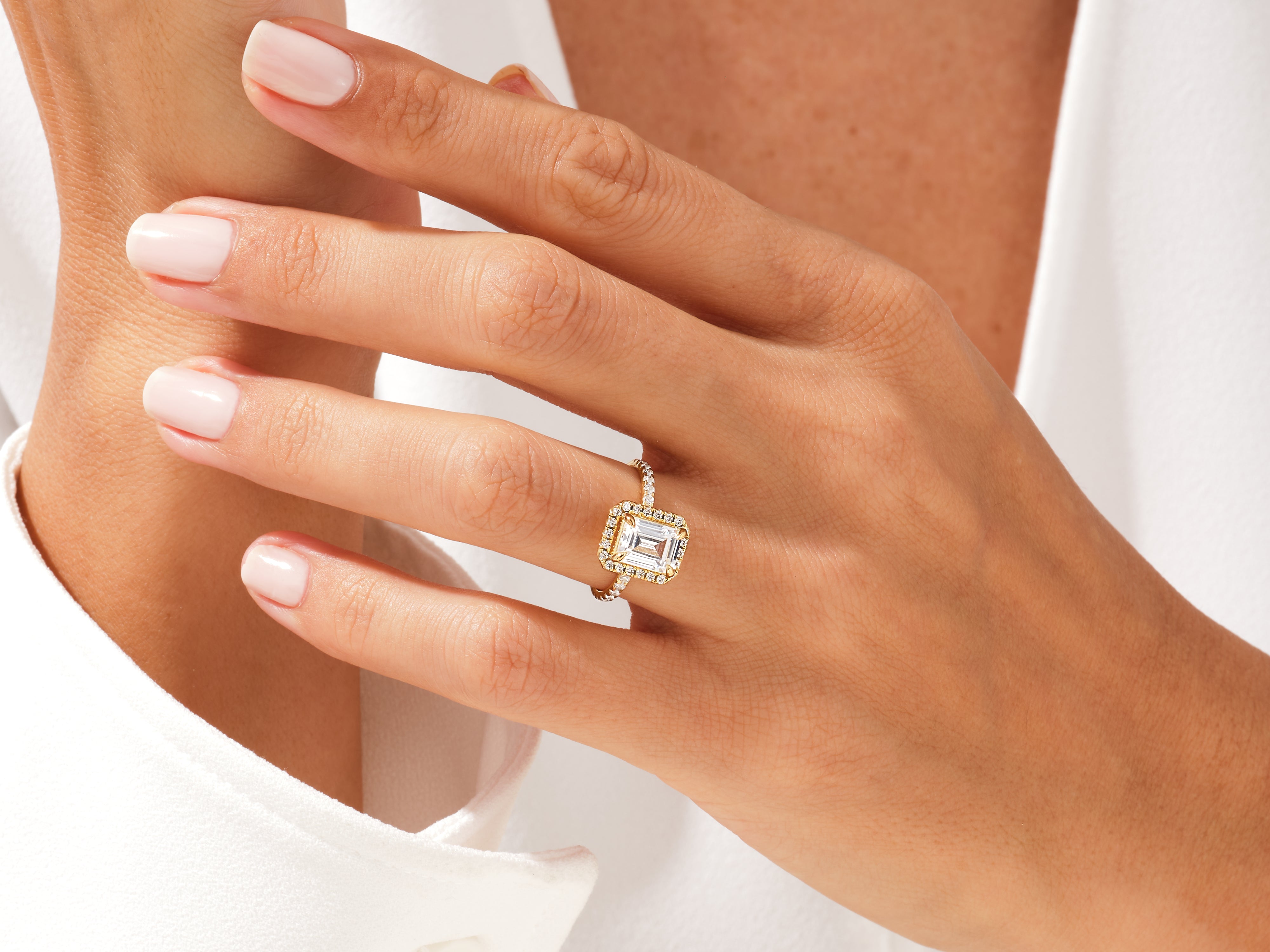 Emerald cut diamond ring with halo, fine jewelry for women