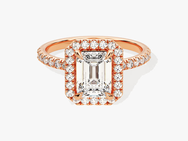Emerald cut diamond engagement ring with rose gold halo and band
