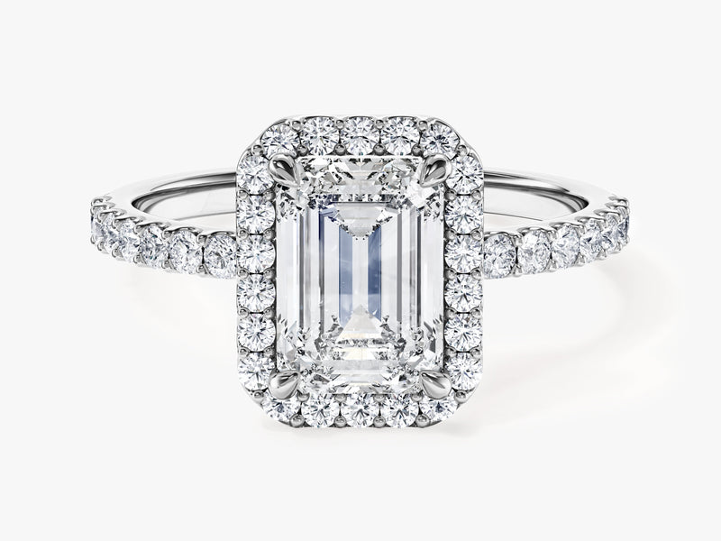 Emerald Halo Moissanite Engagement Ring with Pave Set Side Stones (1.50 CT)
