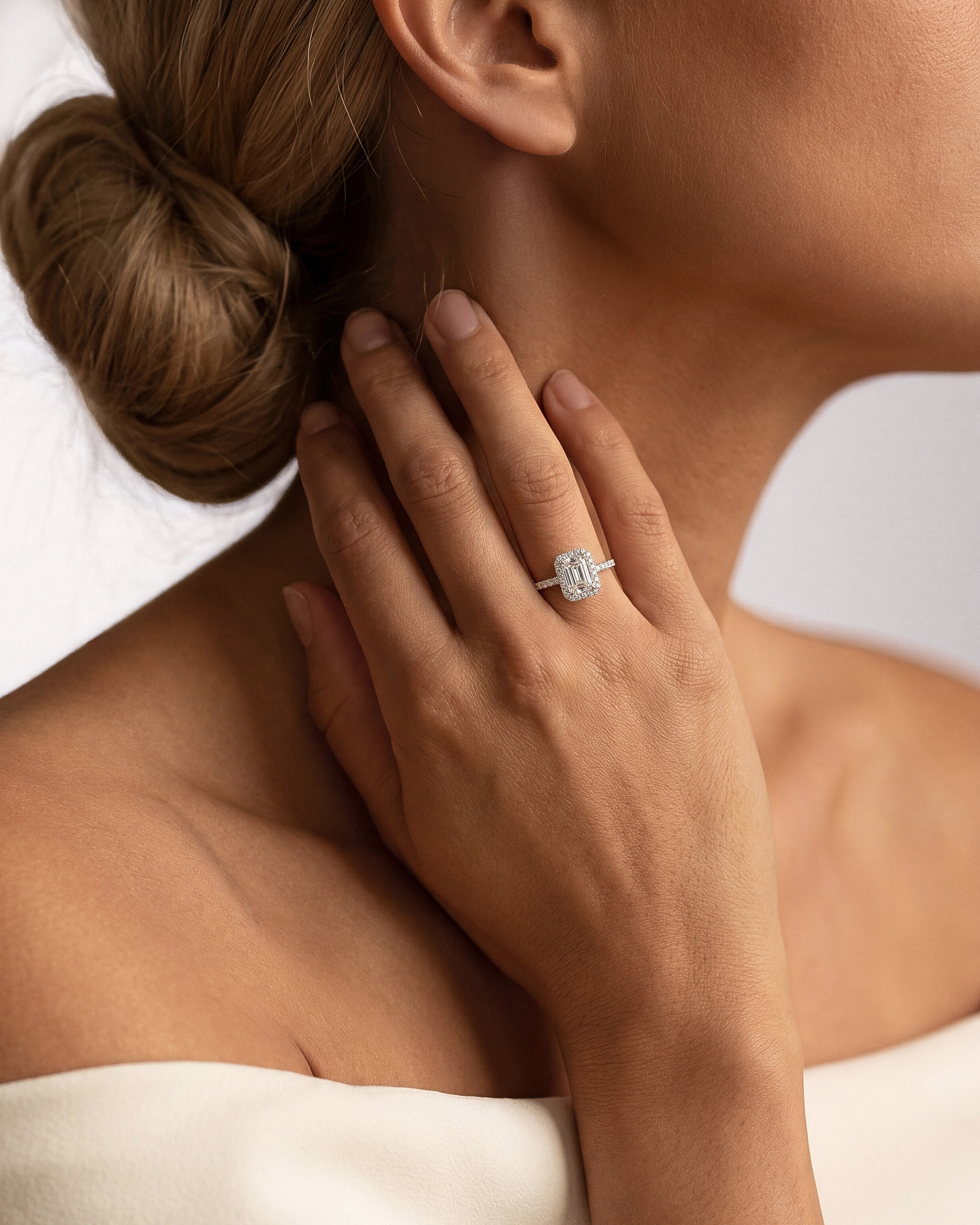 Emerald Halo Lab Grown Diamond Engagement Ring with Pave Set Side Stones (1.50 CT)