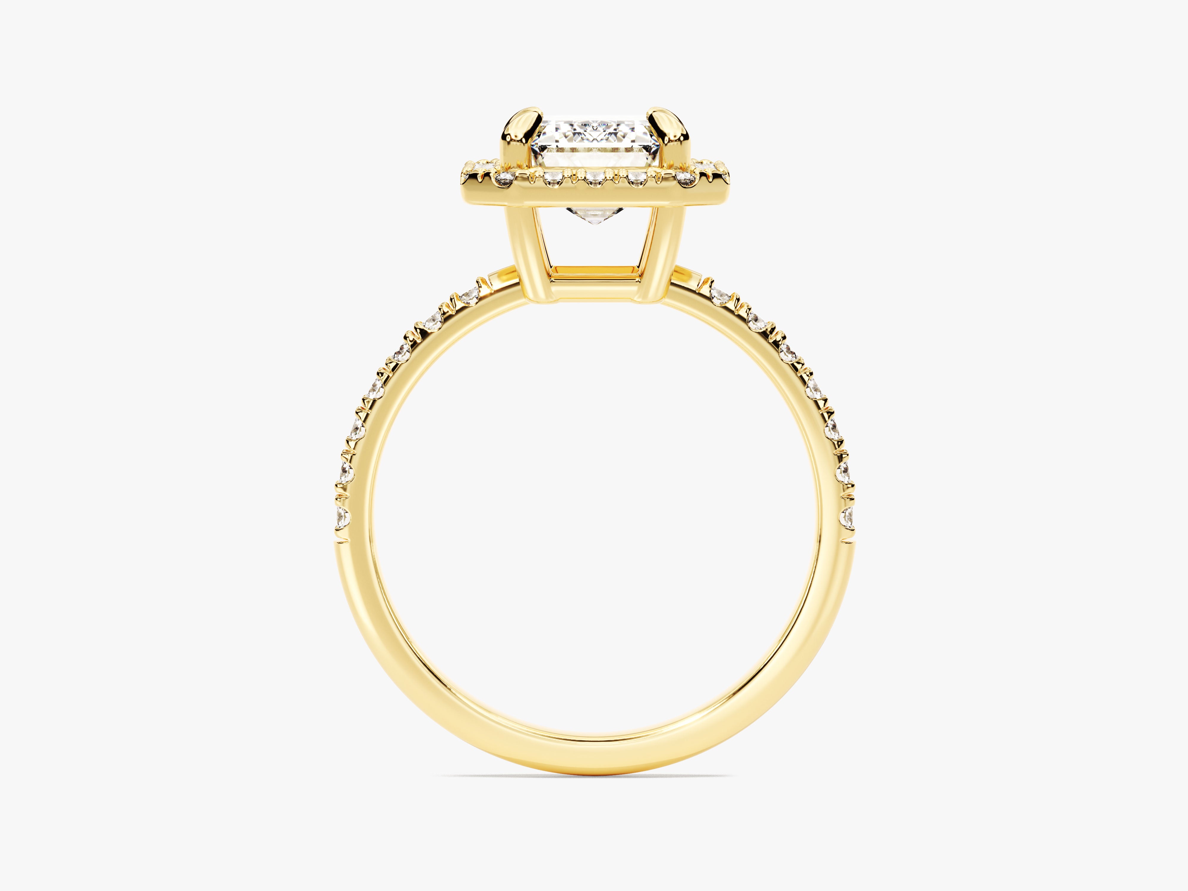 Gold diamond halo engagement ring with princess cut center stone