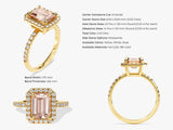 Emerald Cut Peach Morganite Halo Engagement Ring with Sidestones