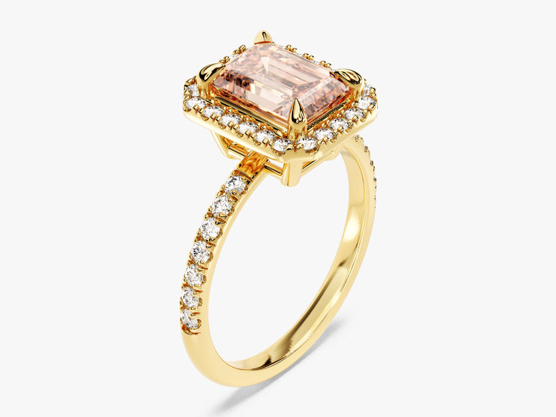 Emerald Cut Peach Morganite Halo Engagement Ring with Sidestones