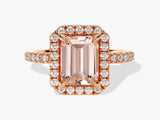 Emerald Cut Peach Morganite Halo Engagement Ring with Sidestones