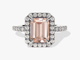 Emerald Cut Peach Morganite Halo Engagement Ring with Sidestones