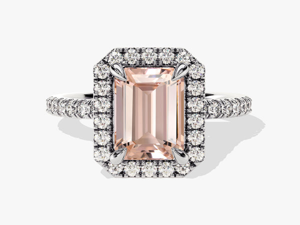 Emerald cut morganite diamond halo engagement ring