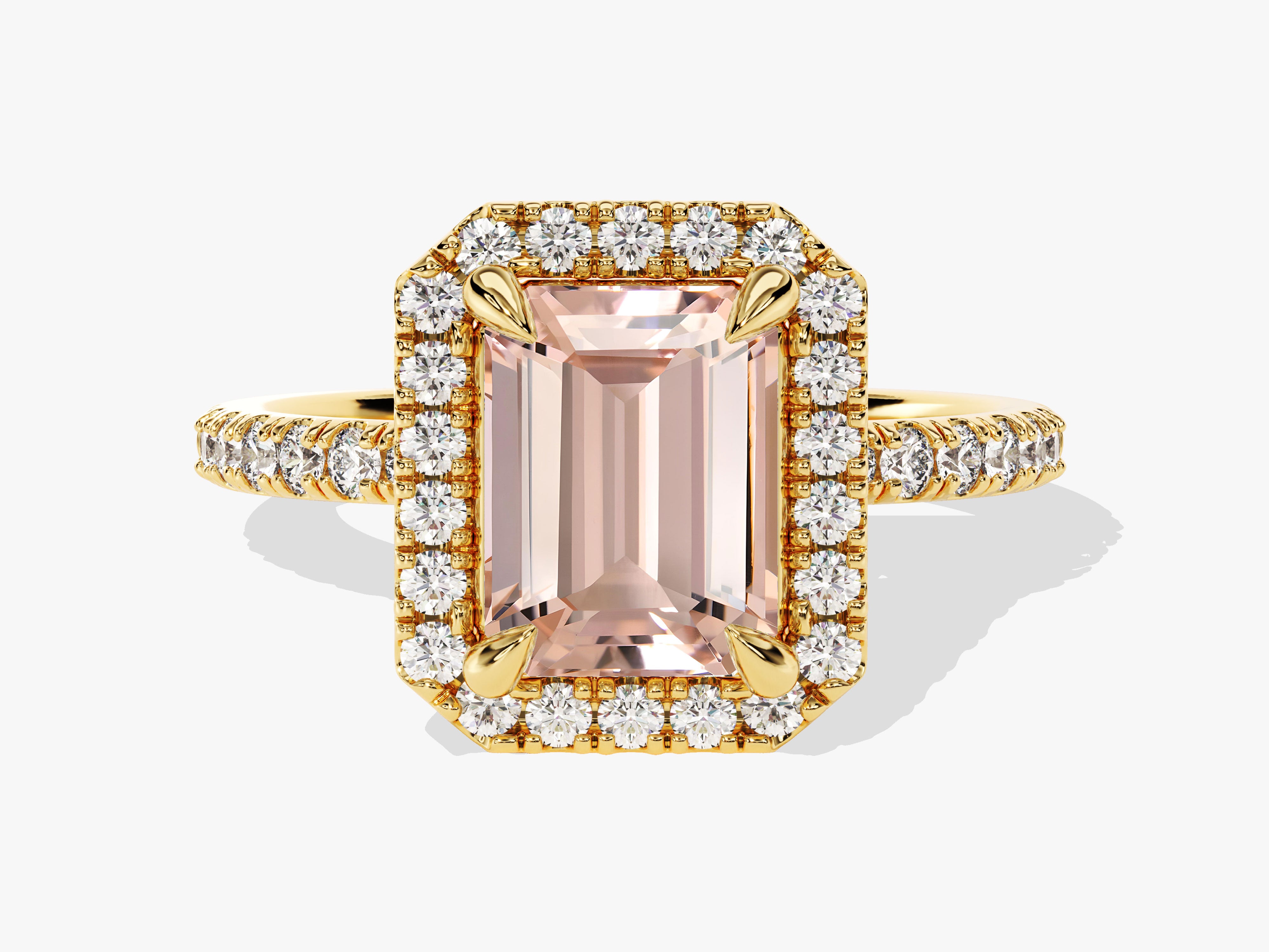 Emerald cut morganite ring with diamond halo and band