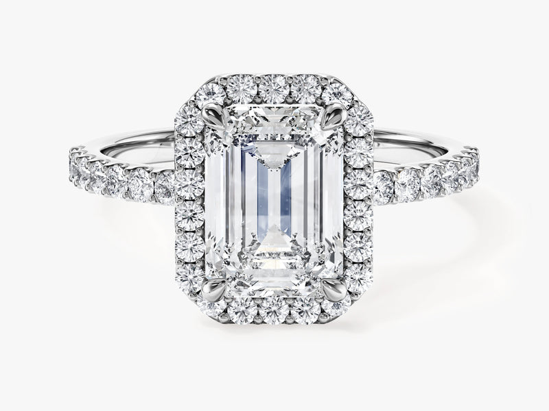 Emerald Halo Moissanite Engagement Ring with Pave Set Side Stones (2.00 CT)
