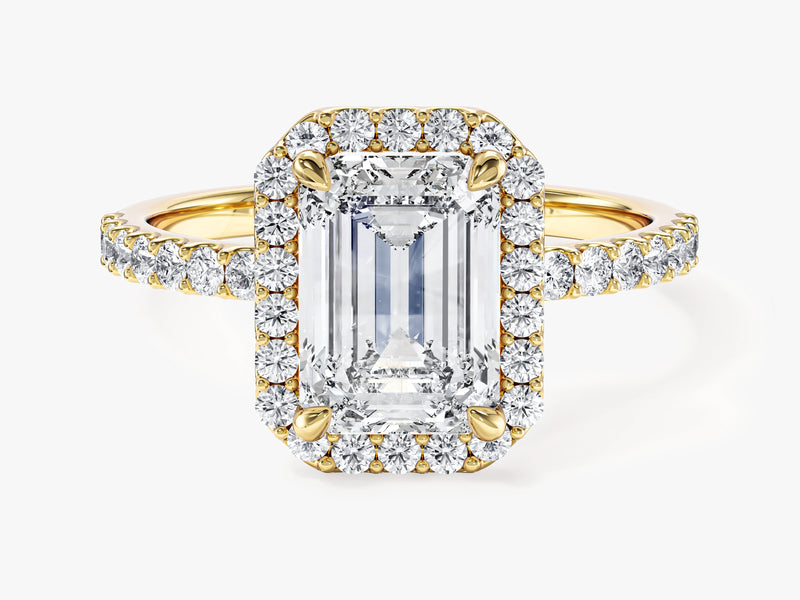Emerald Halo Lab Grown Diamond Engagement Ring with Pave Set Side Stones (2.00 CT)